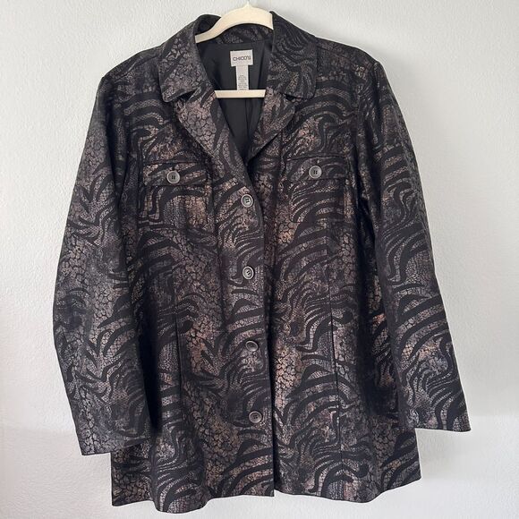 Chico's Women's Blazer Size (3/XL)Linen Blend Copper & Black Shiny  Long Jacket - Picture 1 of 12